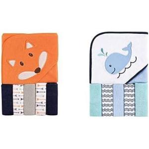 imageLuvable Friends Boy Hooded Towel with Five Washcloths 2Pack Whale WhaleBoy Fox Whale
