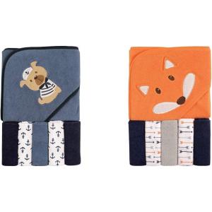 imageLuvable Friends Boy Hooded Towel with Five Washcloths 2Pack Whale WhaleDog Fox