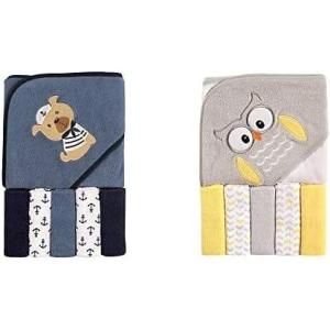 imageLuvable Friends Boy Hooded Towel with Five Washcloths 2Pack Whale WhaleDog Owl