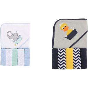 imageLuvable Friends Boy Hooded Towel with Five Washcloths 2Pack Whale WhaleElephant Bath Duck