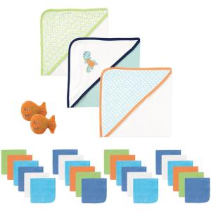 imageLuvable Friends Baby Hooded Towel Washcloth and Toy Set 29 Piece Pink DragonflyBlue Dino