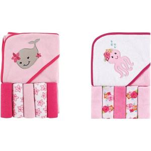 imageLuvable Friends Girl Hooded Towel with Five Washcloths 2Pack Fox UnicornGirly Whale Tropical Octopus