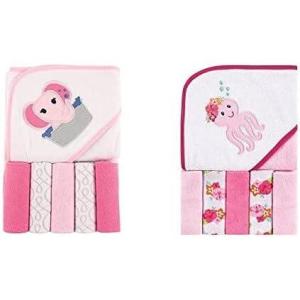 imageLuvable Friends Girl Hooded Towel with Five Washcloths 2Pack Fox UnicornPink Elephant Tropical Octopus
