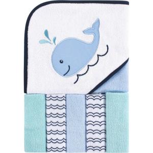 imageLuvable Friends Unisex Baby Hooded Towel with Five Washcloths CottonPolyesterIkat Elephant One SizeBoy Whale