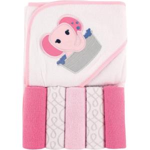 imageLuvable Friends Unisex Baby Hooded Towel with Five Washcloths CottonPolyesterIkat Elephant One SizePink Elephant