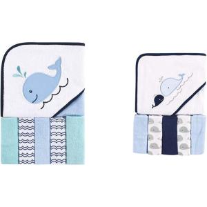 imageLuvable Friends Girl Hooded Towel with Five Washcloths 2Pack Duck Bathtime DuckWhale Whale